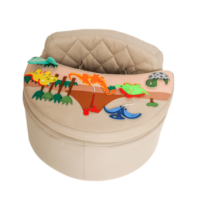 Fauteuil d'activité Rondo beige avec coussin dinosaure